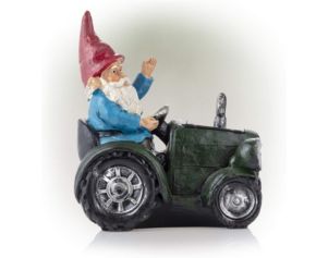Alpine Solar Gnome with Green Tractor Statue