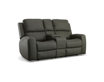 Flexsteel Industries Inc Linden Charcoal Leather Power Reclining Loveseat with Console