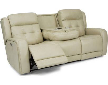 Flexsteel Grant Cream Leather Power Reclining Sofa with Drop Down Tray