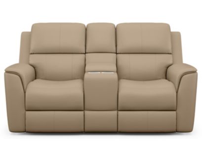 Flexsteel Henry Beige Leather Power Reclining Loveseat with Console