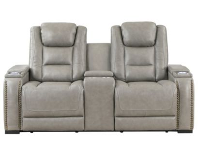 New Classic Breckenridge Gray Leather Power Reclining Loveseat with Console