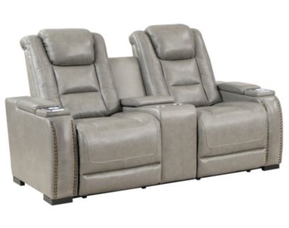 New Classic Breckenridge Gray Leather Power Reclining Loveseat with Console