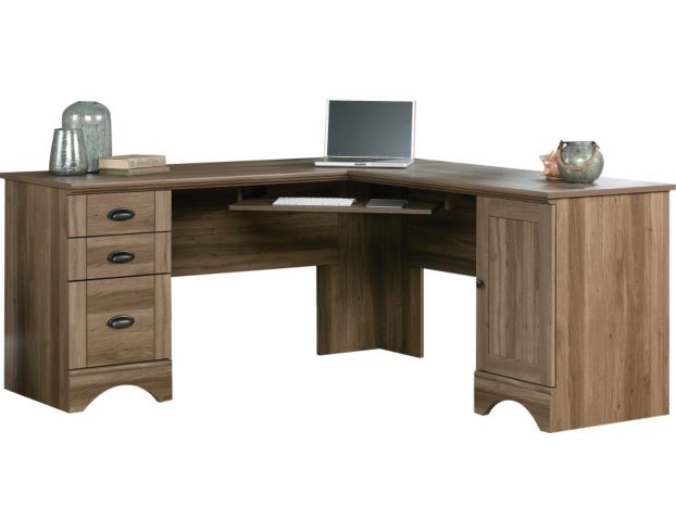 Sauder Harbor View Computer Desk with Hutch in Salt Oak