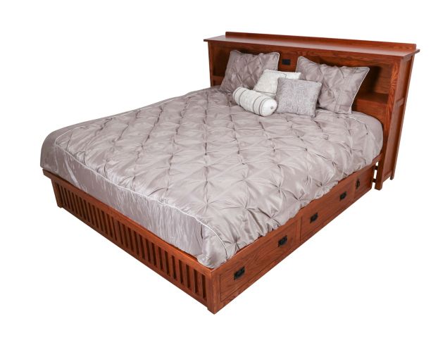 Surewood Oak Mission King Storage Bed, King Bookcase Bed With Underbed Storage Drawers Warm Brown