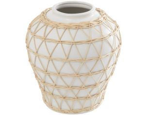Uma 12" White Ceramic Vase with Woven Rattan Detail