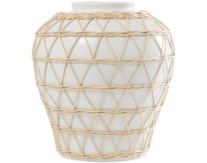 Uma 12" White Ceramic Vase with Woven Rattan Detail